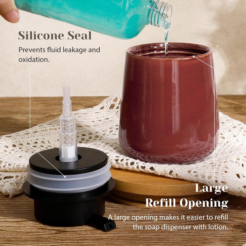 INGOFIN Ceramic Lotion Dispenser - 12 oz Refillable Hand Soap Dispenser Bathroom, Modern Liquid Soap Dispenser with Pump, Dish Dispenser for Kitchen,Kiln-Glazed Red Brown - Image 4